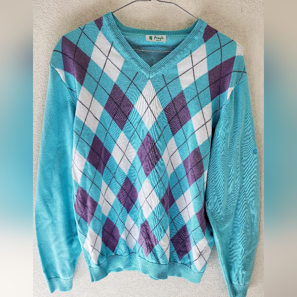 Pringle Scotland Vintage Women's Argyle Patterned Cotton V Neck Golf Sweater XL